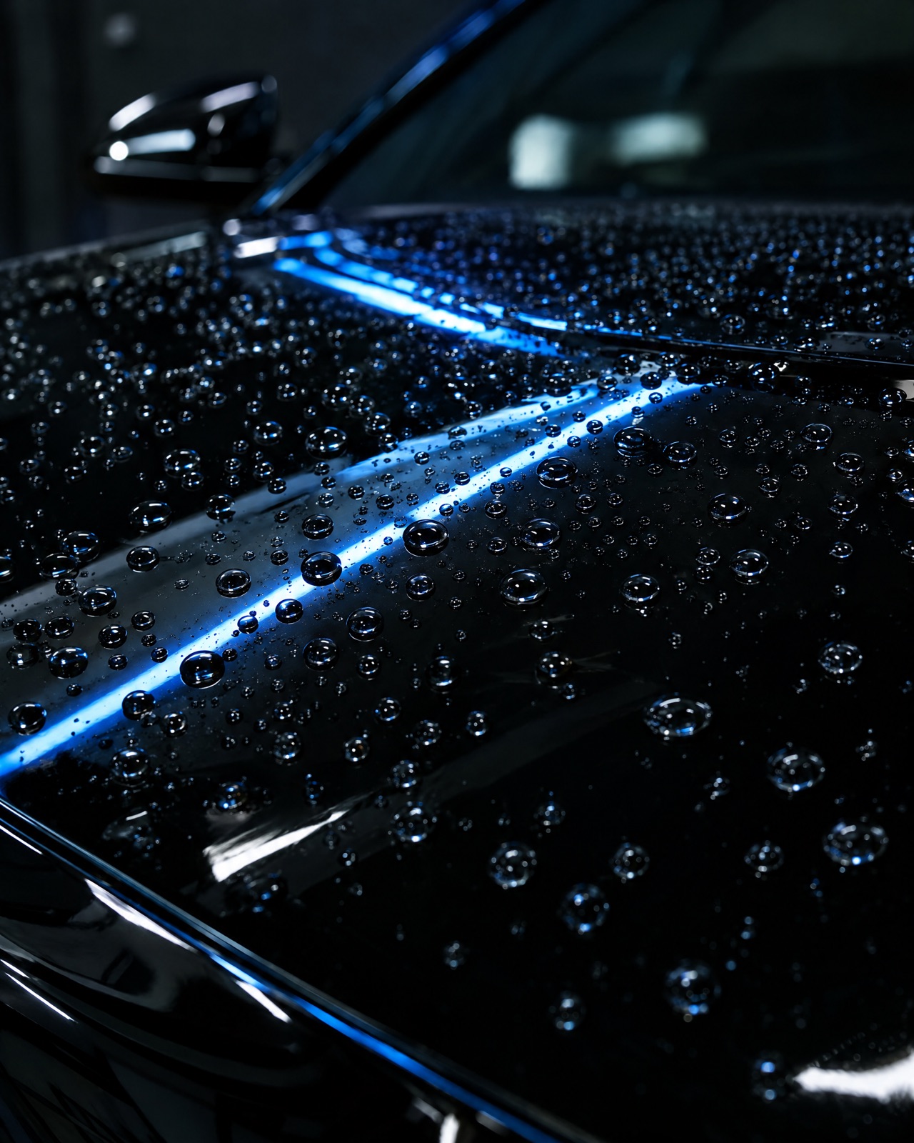 Water beading on the glossy black hood of a ceramic coated car