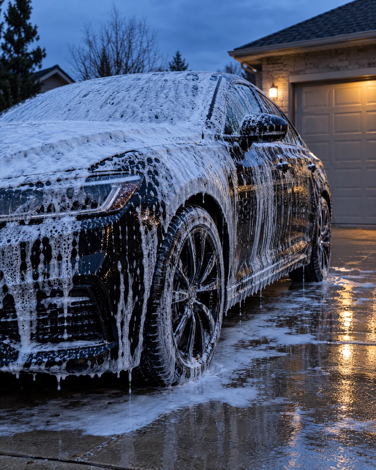 Black sedan covered in snow foam during an exterior detail in a Columbia, MO driveway
