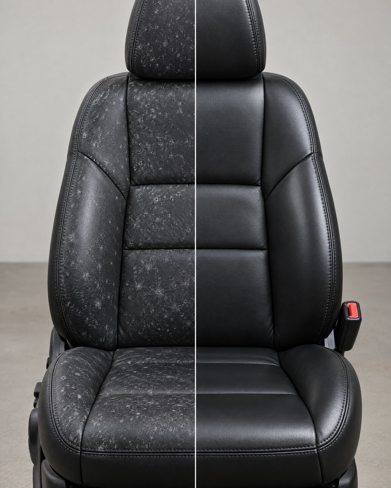 Black leather car seat before and after mold removal — white mildew spots on the left, clean leather on the right