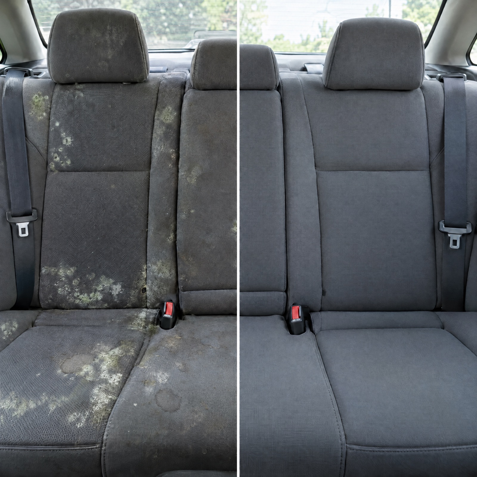 Car back seat before and after mildew removal — light mildew and water stains on the left, clean fabric on the right