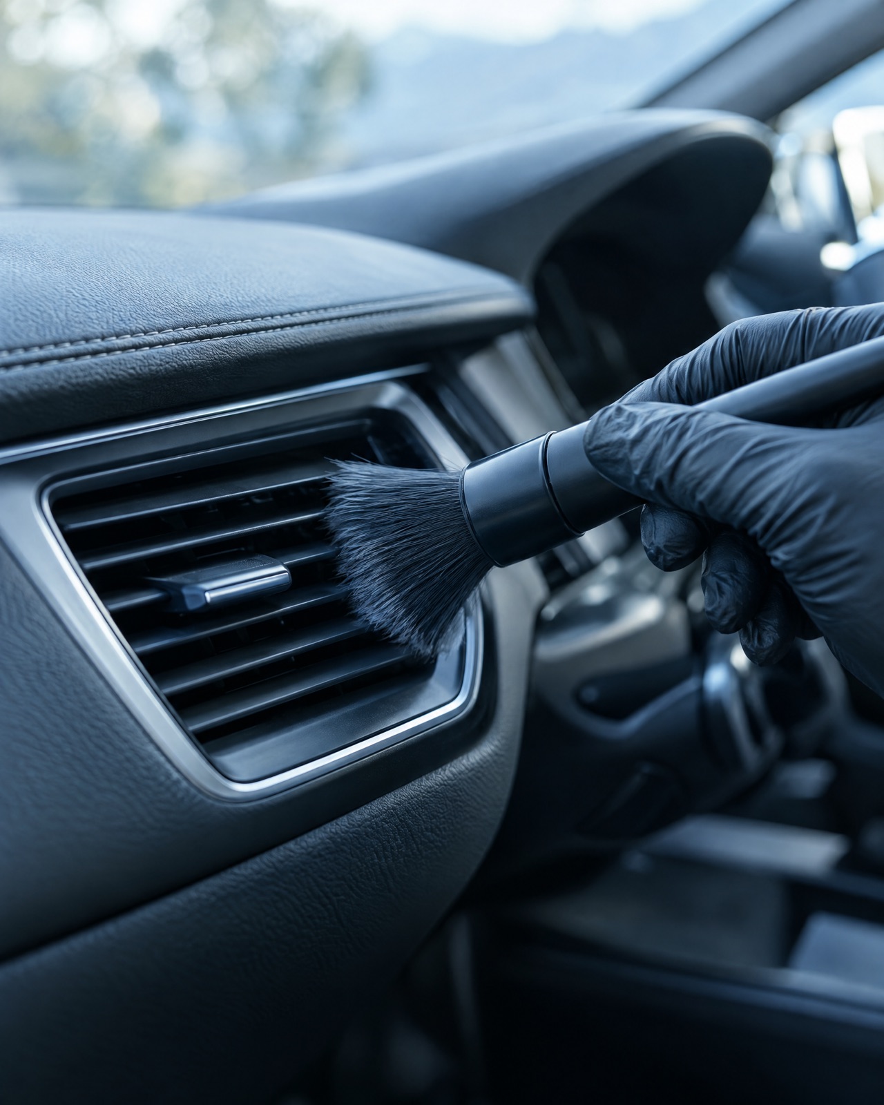 Detailer brushing a car air vent clean during an odor removal service in Columbia, MO