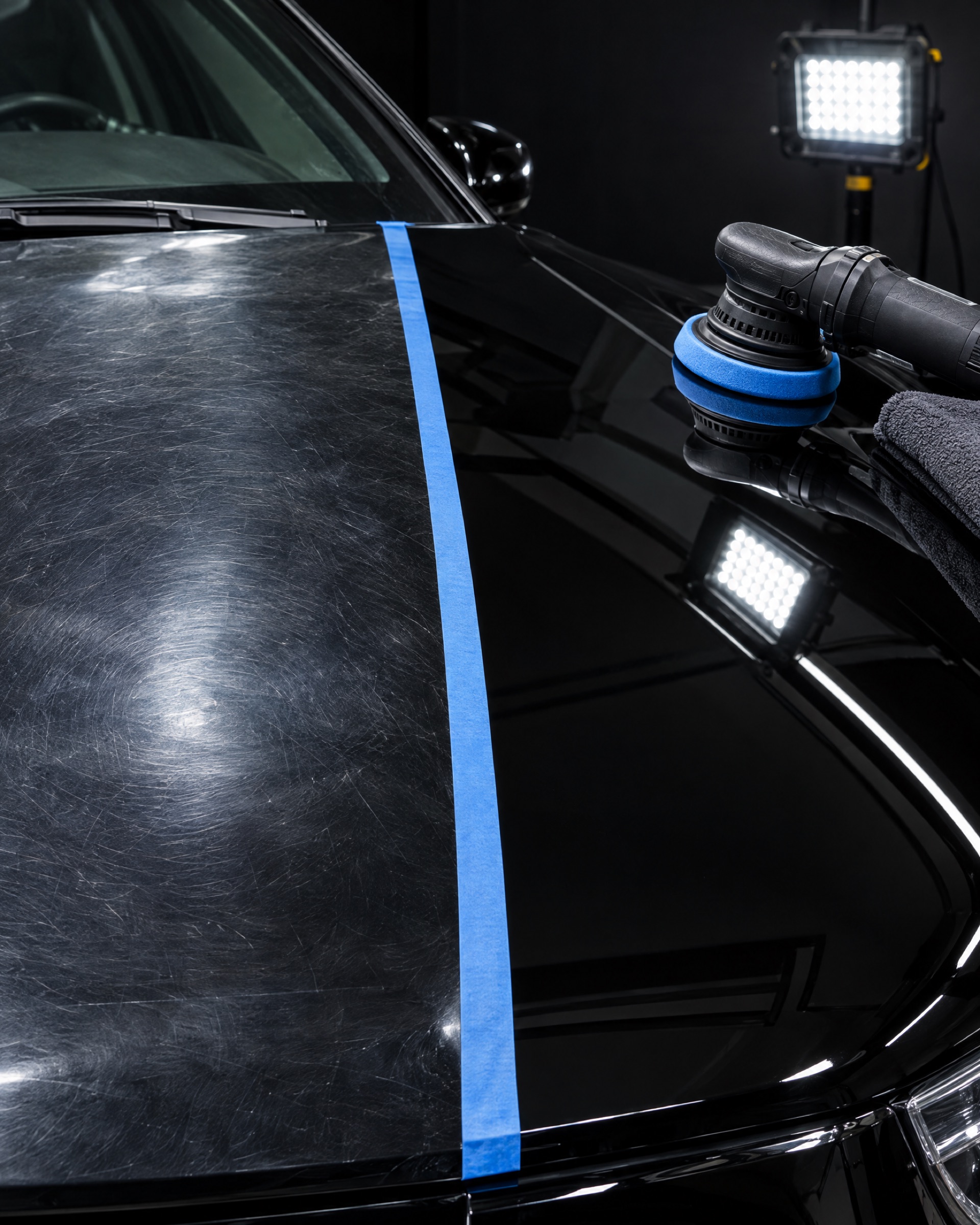 50/50 paint correction on a black hood — swirled paint on the left, mirror gloss on the right