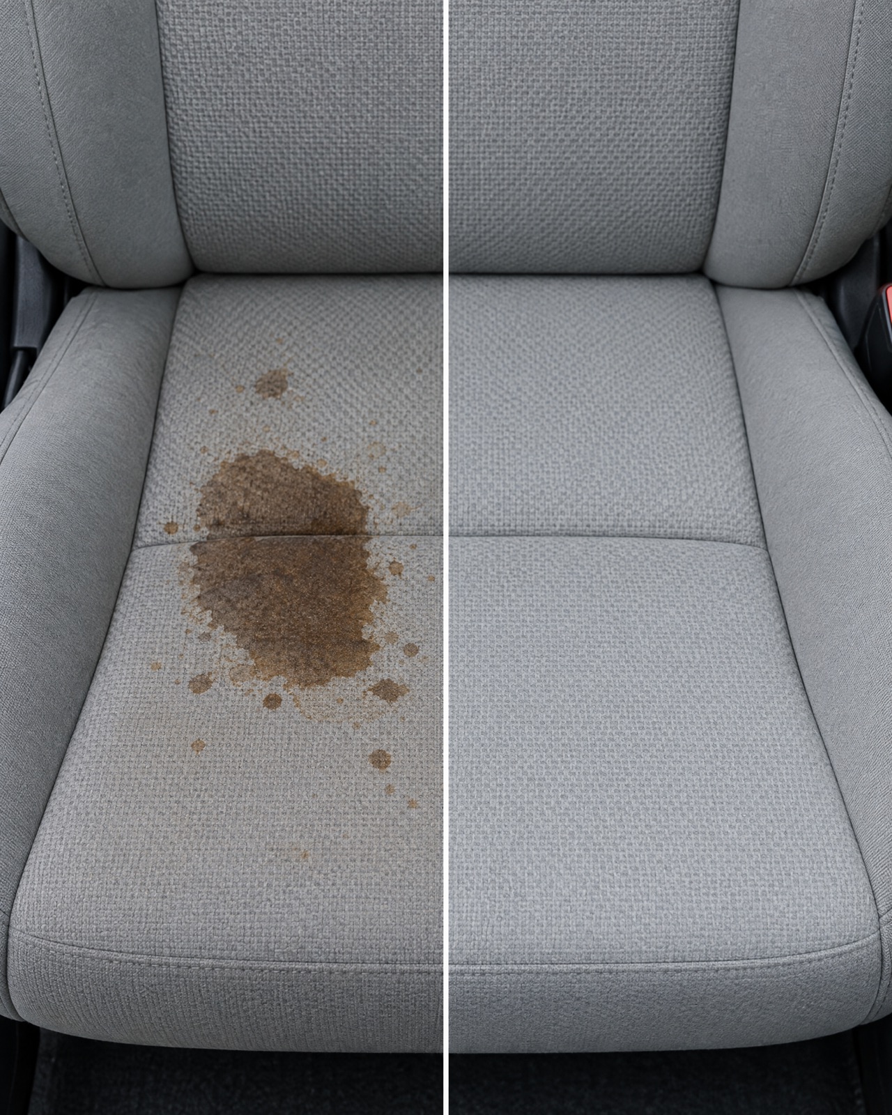 Cloth car seat before and after heavy stain removal: a coffee stain on the left, clean fabric on the right