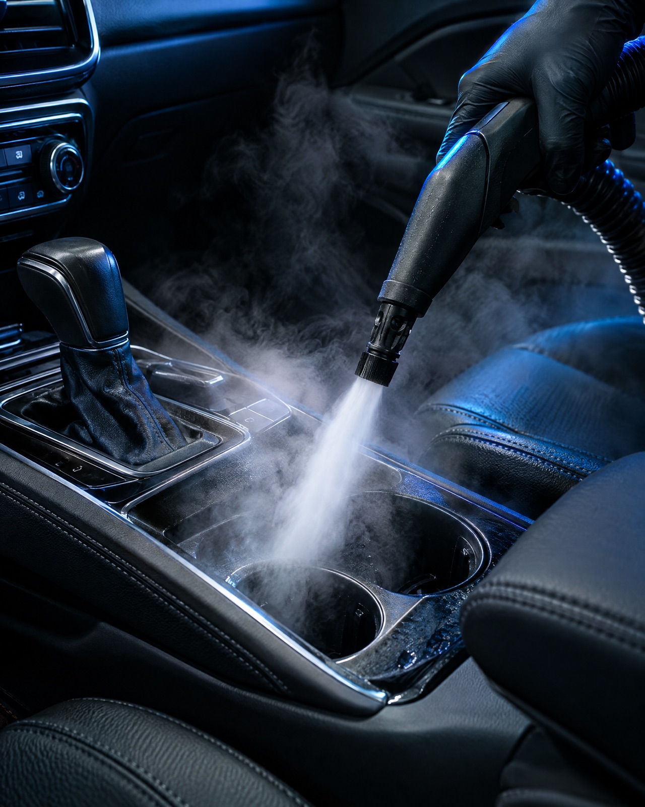 Steam cleaner blasting steam onto the center console and cup holders of a car interior